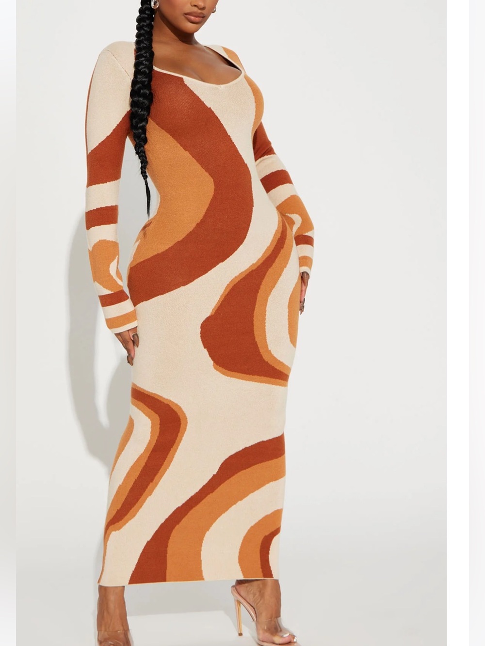 Fashion Nova Cream, Rust & Tan Swirl Long Sleeve Maxi Dress Size Small